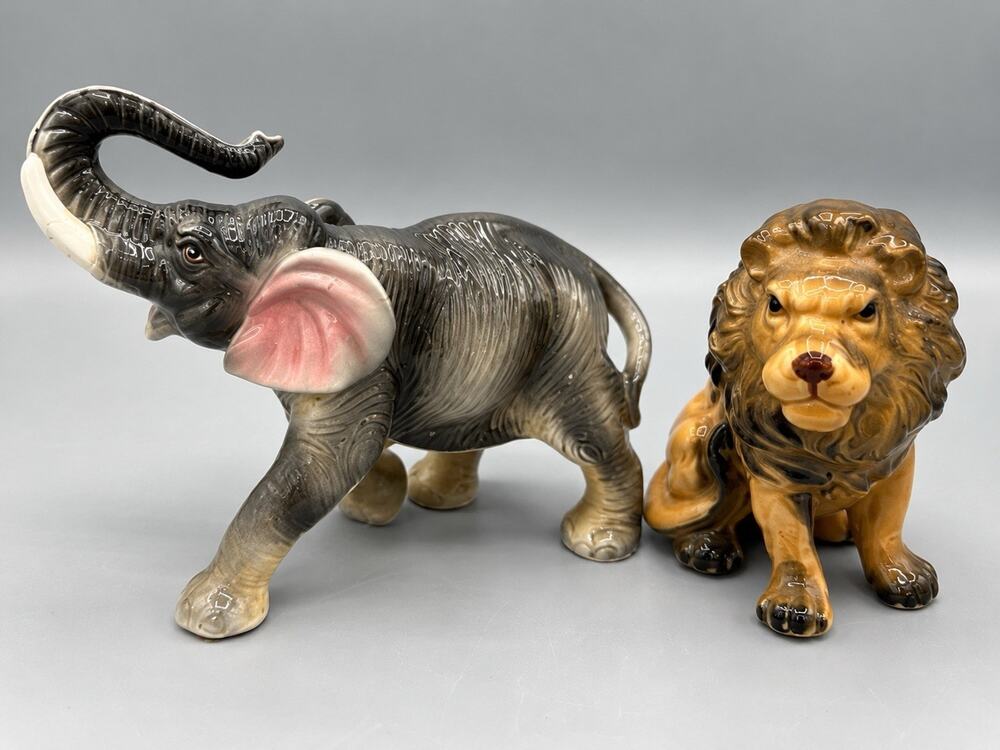 Vintage Japan Ceramic Elephant Lion Figurines Pair Hand Painted Safari Animals